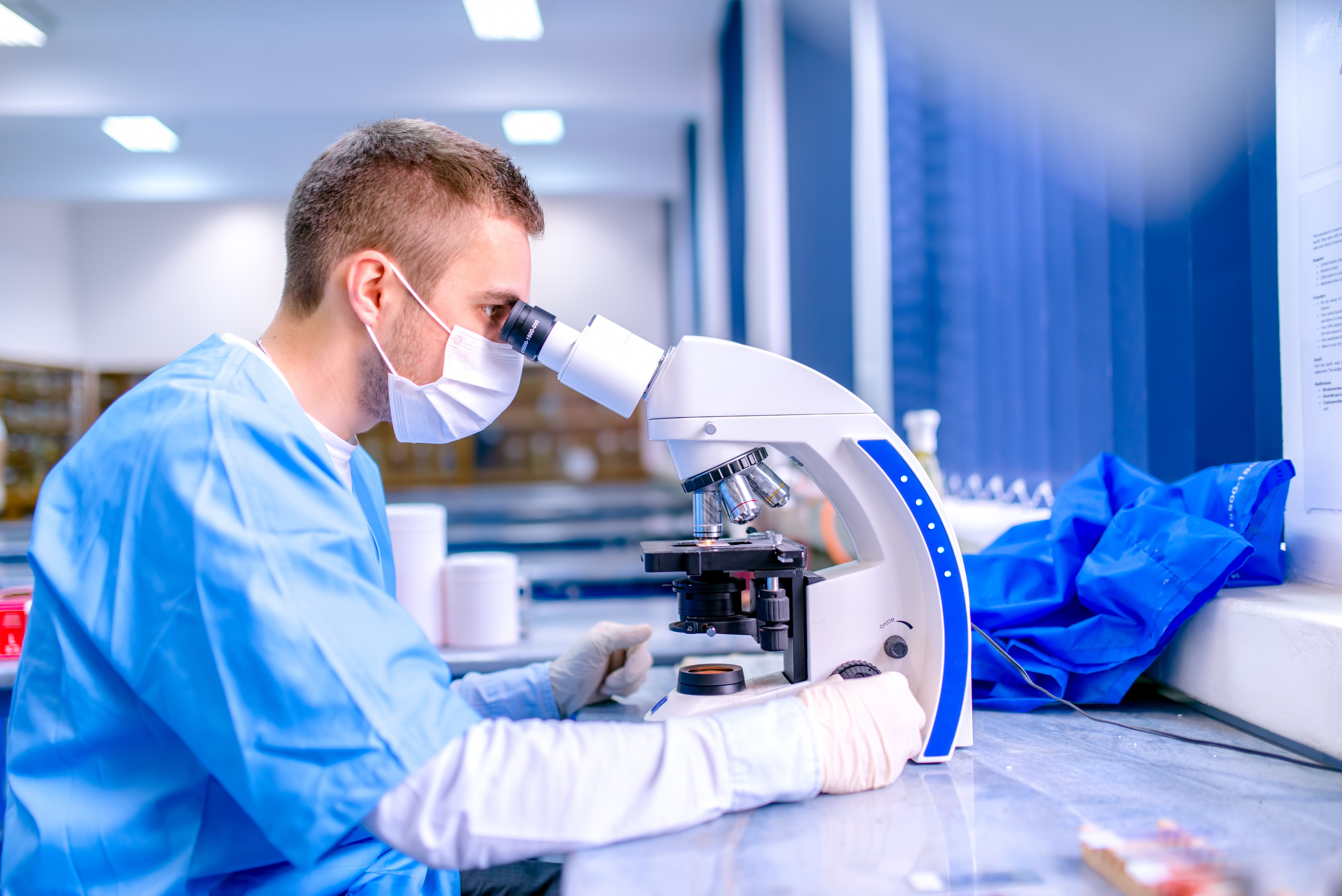 Scientist working in chemistry laboratory, examining samples at microscop